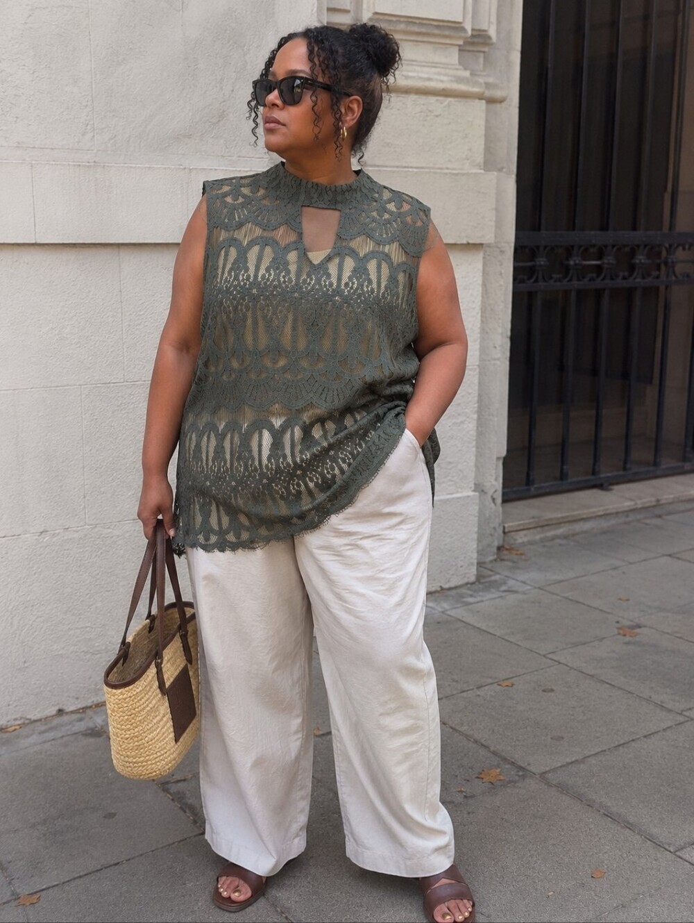 Adiva Olive Green Lace Tunic Top XL Sleeveless Boho Keyhole Lined Blouse